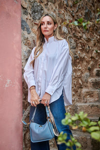 Signature Button Up with Mao & Pearl in White