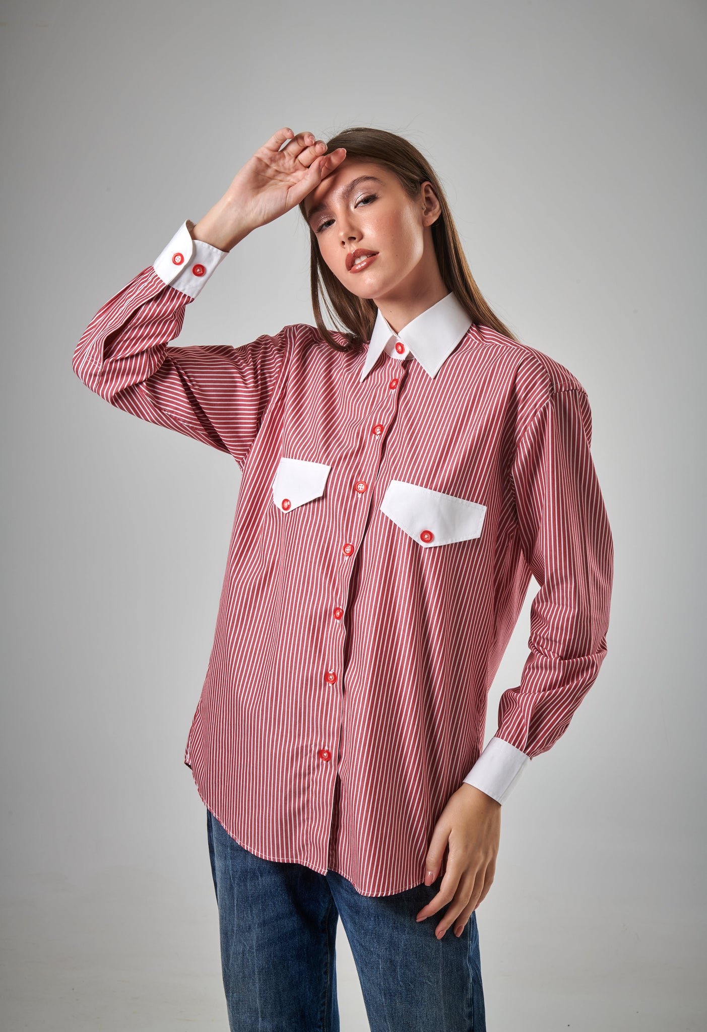 Classic Pocket Button-Up in Red Sripes with White Details