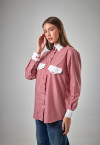 Classic Pocket Button-Up in Red Stripes with White Details